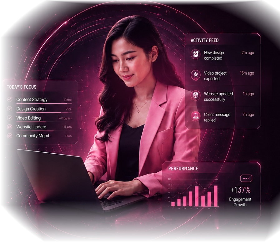 Kimberly working on a laptop with neon dashboard panels